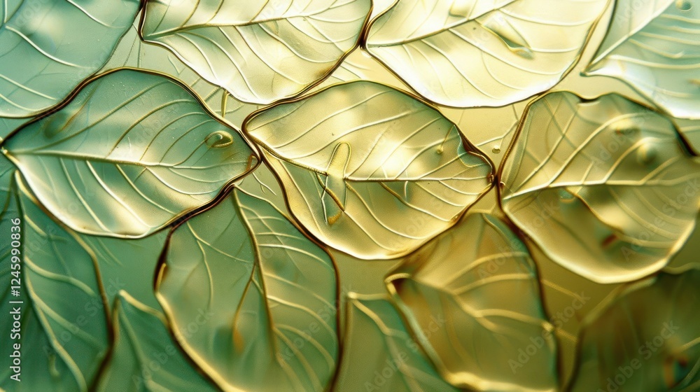 Poster close-up view of translucent leaves layered over each other, creating a natural pattern and texture