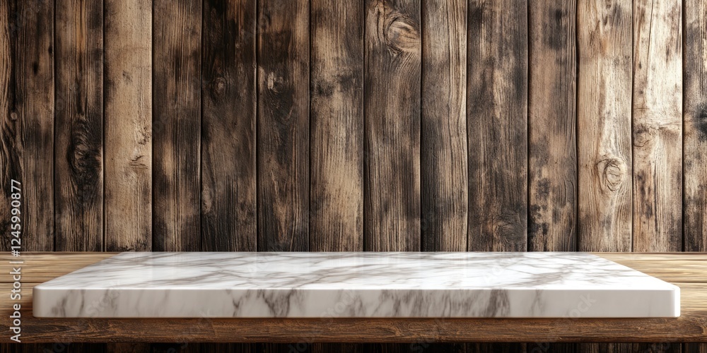 Poster elegant marble countertop on rustic wooden surface with ample space for text and creative design con