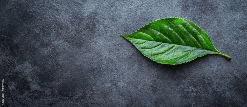 Poster fresh green leaf on dark textured surface with ample blank space for creative text and graphic desig