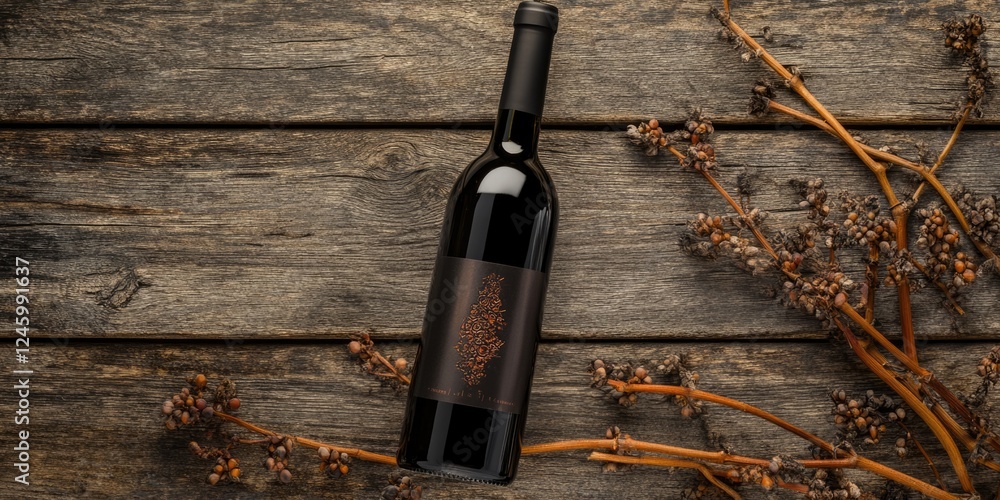 Poster elegant wine bottle on rustic wooden table surrounded by grapevines showcasing sophistication and qu