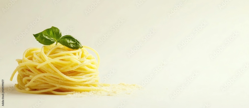 Poster close up of fresh spaghetti garnished with basil leaves on a neutral background showcasing empty spa