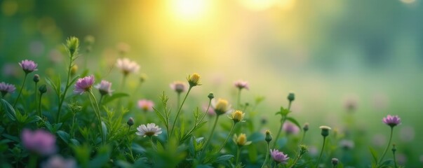 Obraz premium Delicate hues of dawn break through foggy greens, misty flower background abstract, soft focus
