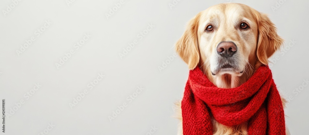 Poster golden retriever adorned with a vibrant red scarf against a white backdrop featuring ample empty spa