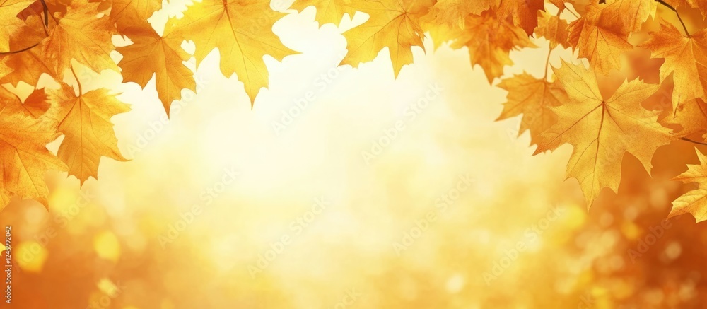 Poster golden yellow autumn maple leaves in tree canopy against soft glowing background with ample copy spa