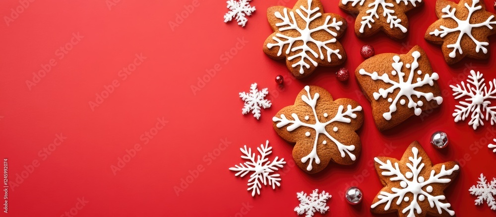 Poster gingerbread cookies decorated with icing arranged on a vibrant red background with snowflake element