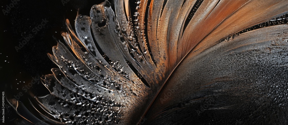 Poster elegant closeup of a bird feather showcasing intricate textures and details against a black backgrou
