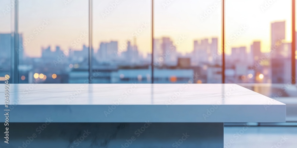 Poster modern empty store counter with city skyline backdrop for presentations featuring minimalist design 