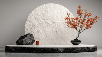 Minimalist product display with stone platform and orange blossom tree.