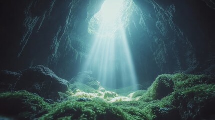 Underwater Cave with Sunlight Rays and Green Mossy Stones