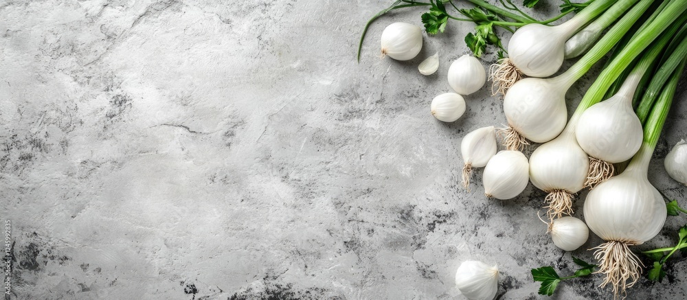 Aufkleber fresh ripe white spring onions on rustic grey surface with empty space for text showcasing healthy v