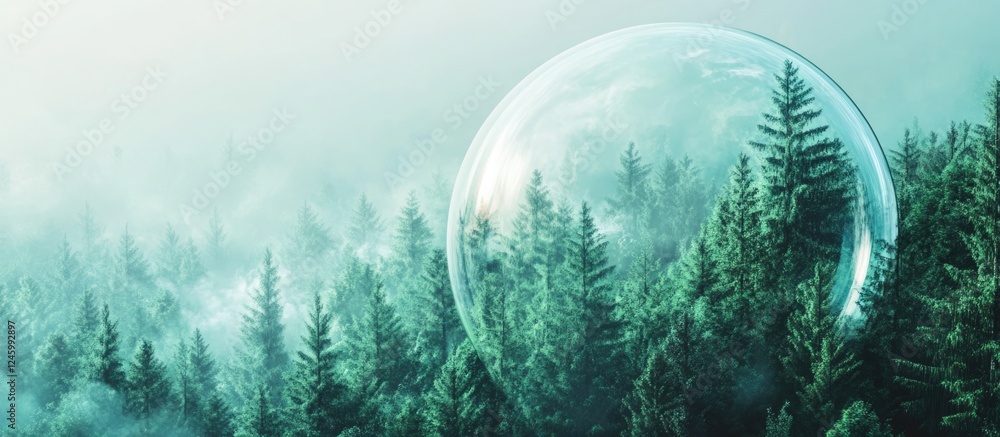 Poster mystical glass dome over evergreen forest creating a surreal fantasy atmosphere with ample space for