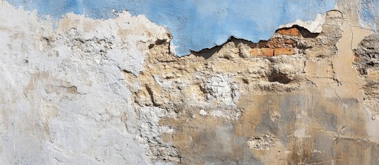 Textured fragment of an aged brick wall showcasing weathered surfaces and fading paint under natural daylight conditions