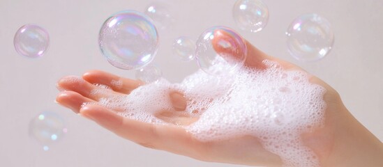 Fototapeta premium Female hand holding soap bubbles against a white background showcasing textures of soap foam and delicate soap bubbles.