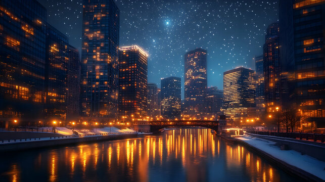 Illuminated city skyline at night with reflective river and starry sky