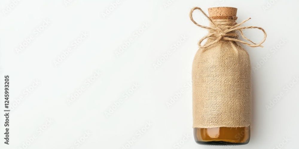 Poster elegant empty bottle covered in burlap with cork stopper on white background showcasing ample copy s