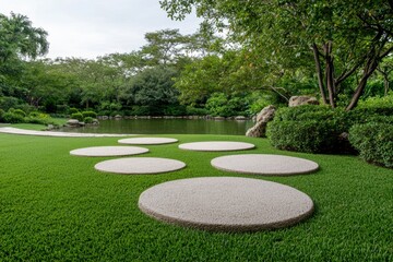 Stepping stones lead through a lush garden landscape.