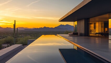 Desert sunset view, infinity pool, modern home, luxury real estate