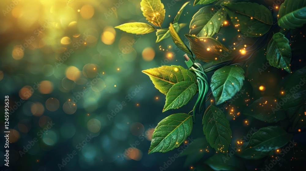 Poster lush green leaves illuminated by soft light with bokeh effect in a nature setting