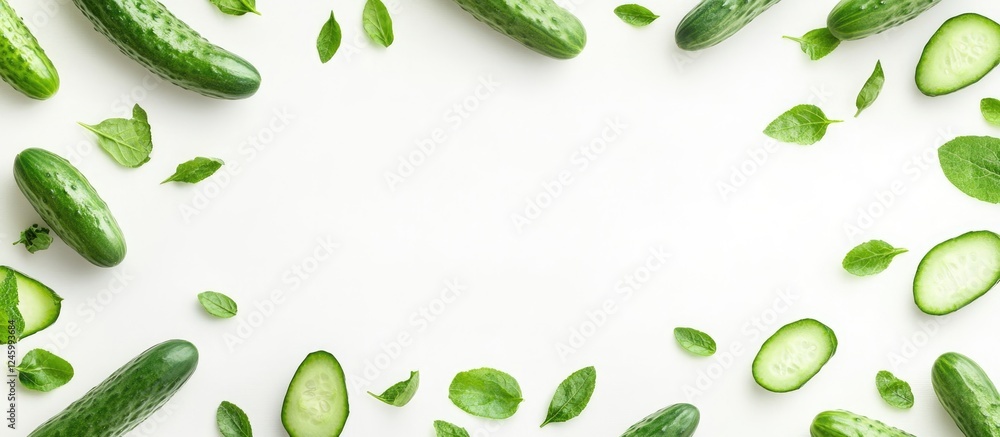 Poster fresh cucumbers and green leaves on white background with empty space for text or creative design el