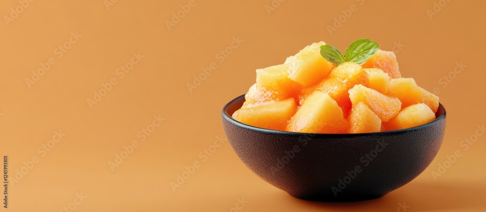 Aufkleber fresh melon cubes in a modern bowl with vibrant background and space for custom text or branding