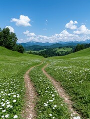 Scenic winding path through a lush green meadow with wildflowers and distant mountains under a blue sky.