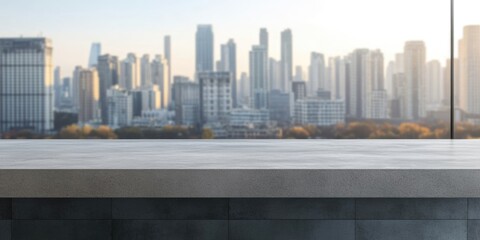 Empty store counter with city skyline background showcasing minimalist design and depth of field for effective text presentation and branding