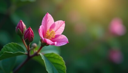 Delicate myrtle branch with fleur de lys in bud, blossoming, garden, nature