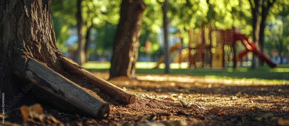 Poster fallen tree logs near playground highlighting wood textures surrounded by lush greenery creating a s
