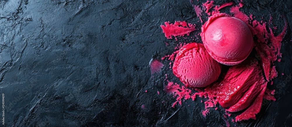 Poster delicious sorbet with fruit pulp on dark background and empty space for custom text or promotion