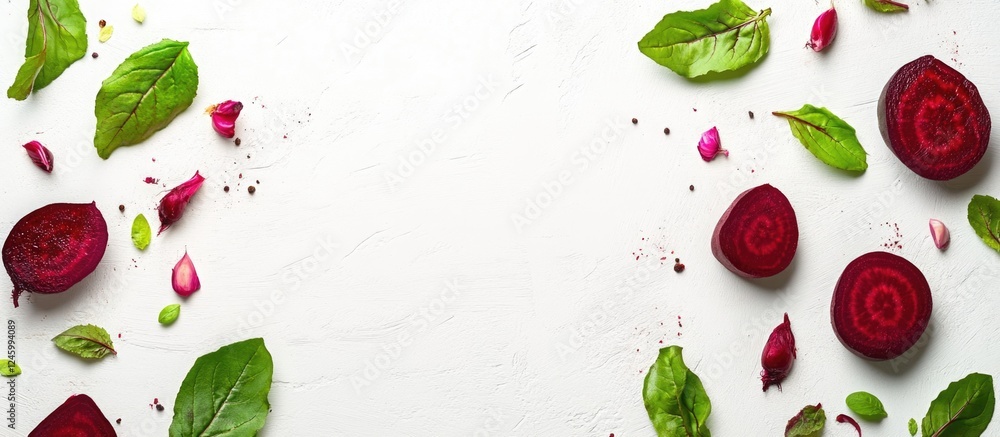 Poster freshly sliced beetroots and vibrant greens arranged on a white background with ample space for text