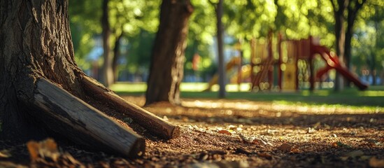 Fallen tree logs near playground highlighting wood textures surrounded by lush greenery creating a serene park atmosphere.