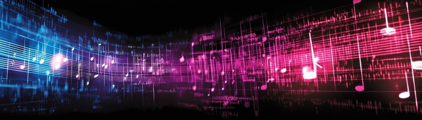 Abstract music notes flow, vibrant colors, dark background, website header