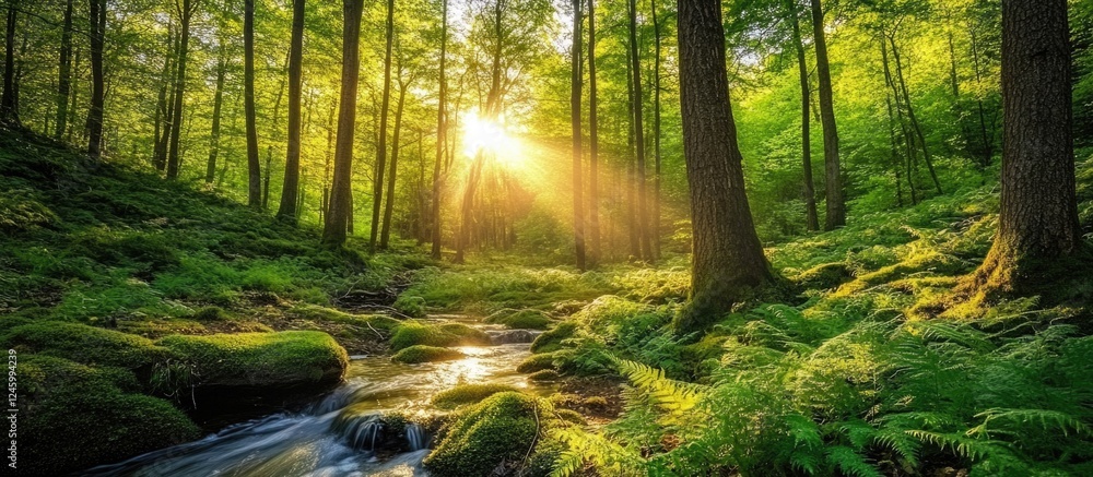 Poster serene forest landscape with sunlight filtering through trees and a tranquil stream flowing amidst l