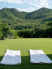 Two white towels on a green lawn with a mountain backdrop.