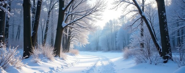 Snowy forest with bare branches and snow-covered ground, nature, peaceful, branch