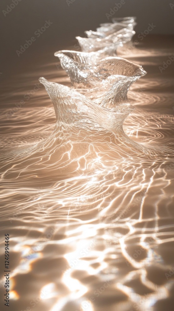 Poster glassy formations ripple softly, reflecting shimmering light on a serene surface. this captivating d