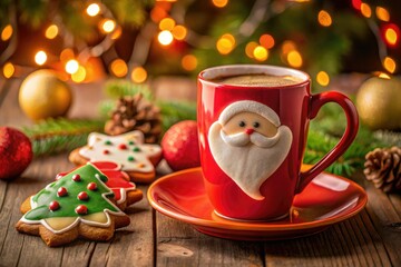Fototapeta premium Cozy Christmas scene: Santa mug brimming with hot cocoa, alongside a plate of delicious homemade Christmas cookies.