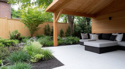 Modern backyard patio with pergola, lush garden, and comfy seating
