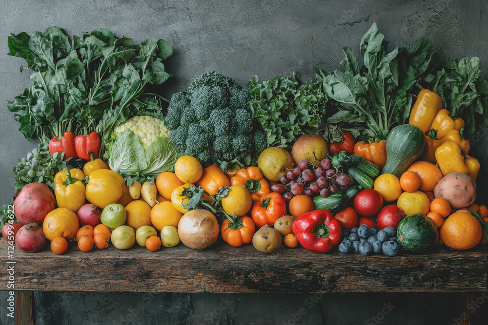 Poster table displaying a variety of fresh fruits and vegetables arranged neatly for a colorful and healthy