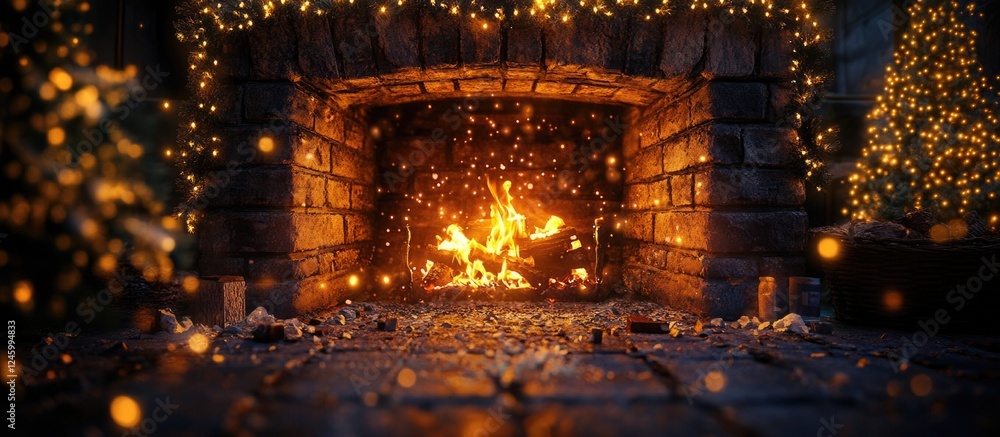 Poster enchanting long exposure of a fireplace with dancing flames and sparkling embers creating a magical 