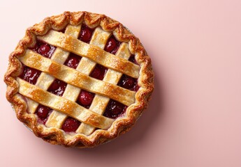 A delicious cherry pie with lattice crust on a pink background.