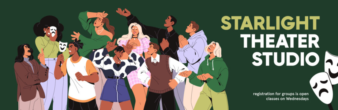 Design of advertising banner of acting skill school. Template of theatrical art class promotion. Theater troupe of actors, actress on lesson. Artists, performers play roles. Flat vector illustration