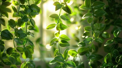 Fototapeta premium Lush green leaves cascading down in soft sunlight, creating a serene indoor atmosphere