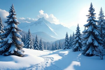 Fototapeta premium Snowy forest landscape with trees in the distance, evergreen, landscape, alpine