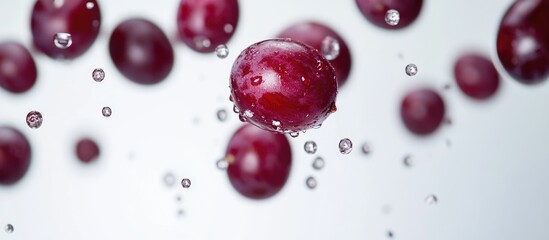 Falling red grapes with water droplets isolated on white background showcasing freshness and dynamic movement in food photography