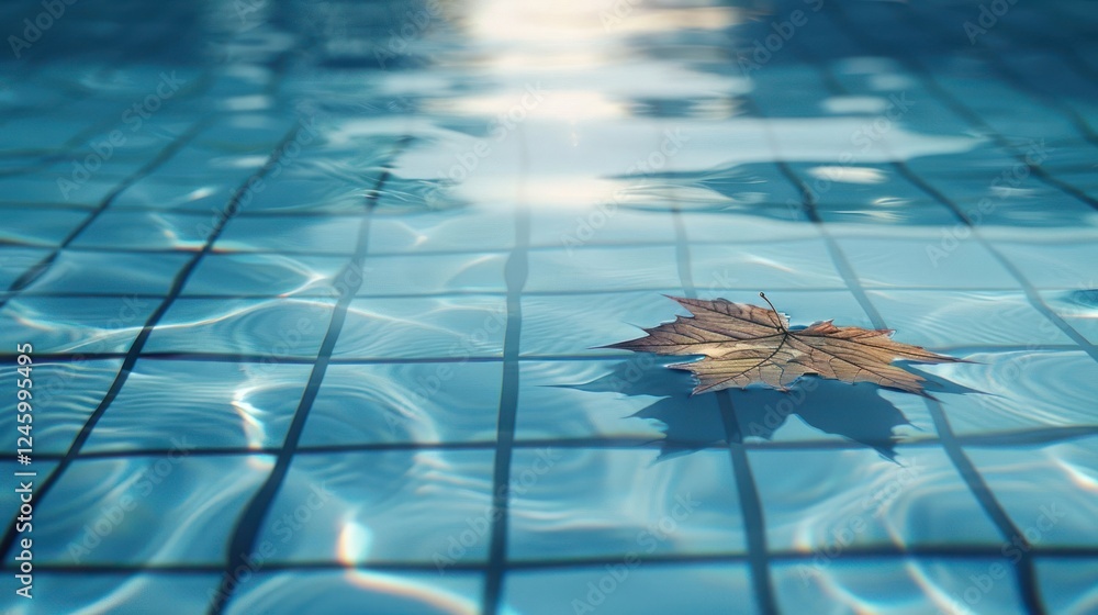 Aufkleber a serene autumn scene with a single leaf floating on a tranquil pool, reflecting ripples and tiles