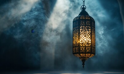 Ornate lantern hangs, smoky mystical background, Ramadan