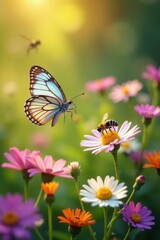 A delicate butterfly and a busy bee share a vibrant meadow of wildflowers bathed in golden sunlight, a serene moment of nature's artistry