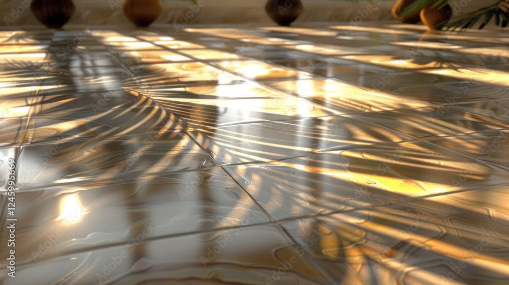 Poster sunlight casting intricate shadows on a polished floor with decorative plants in a serene setting