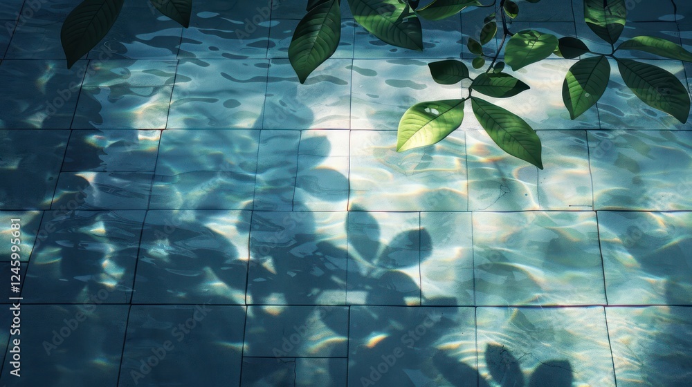 Aufkleber sunlight filtering through leaves, casting reflections on a serene pool surface in a tranquil settin